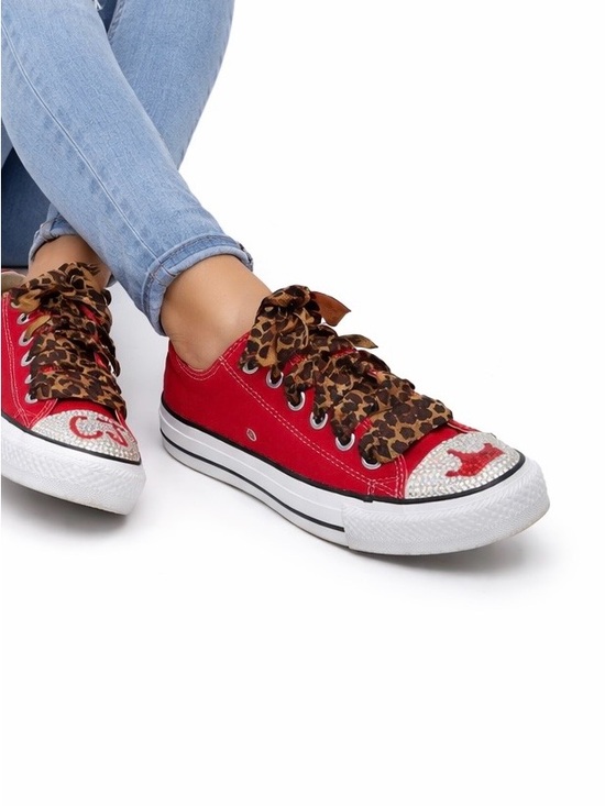 Converse All Stars Shoes - Custom Red Converse Sneakers w/ Leopard Laces & Rhinestone Low Top Chuck Taylors